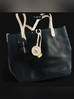 Emma Fox Black Leather Tote with Cream Accents